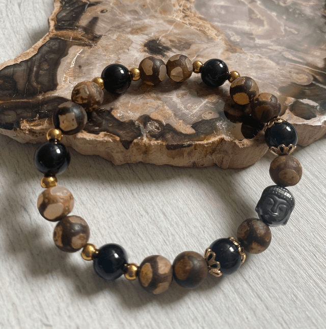 Bracelet Agate Tibétaine et Tourmaline Noire