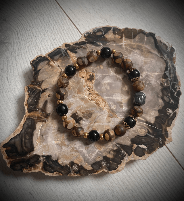 Bracelet Agate Tibétaine et Tourmaline Noire