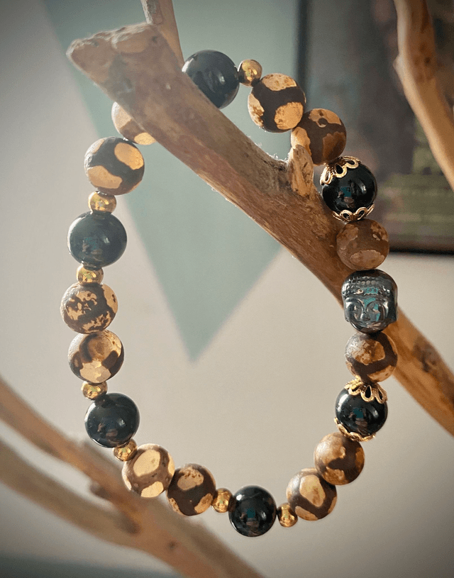 Bracelet Agate Tibétaine et Tourmaline Noire