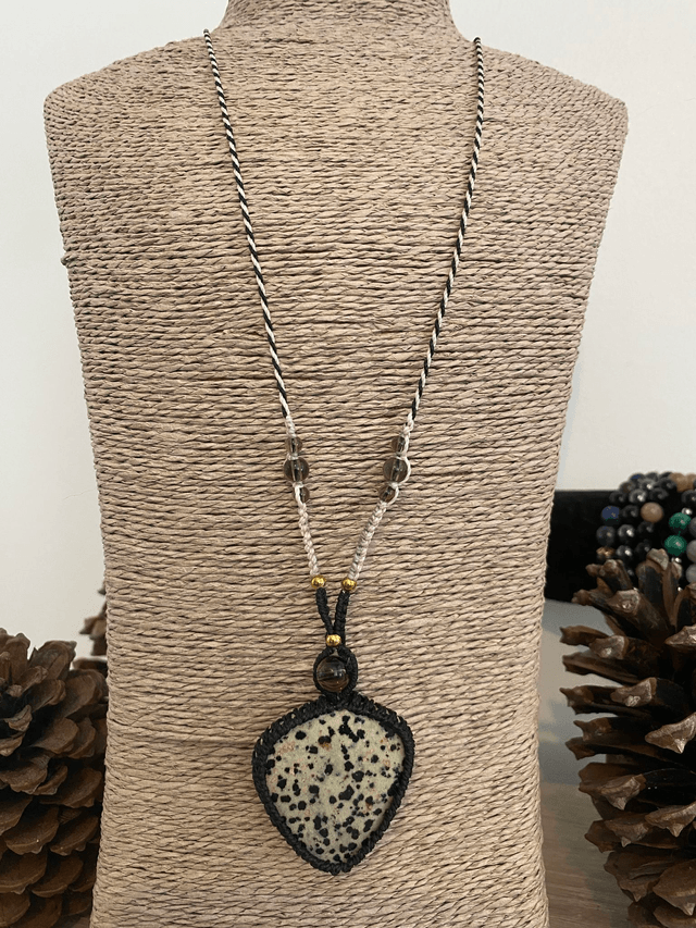 Collier sautoir Jaspe Dalmatien et Quartz Fumé