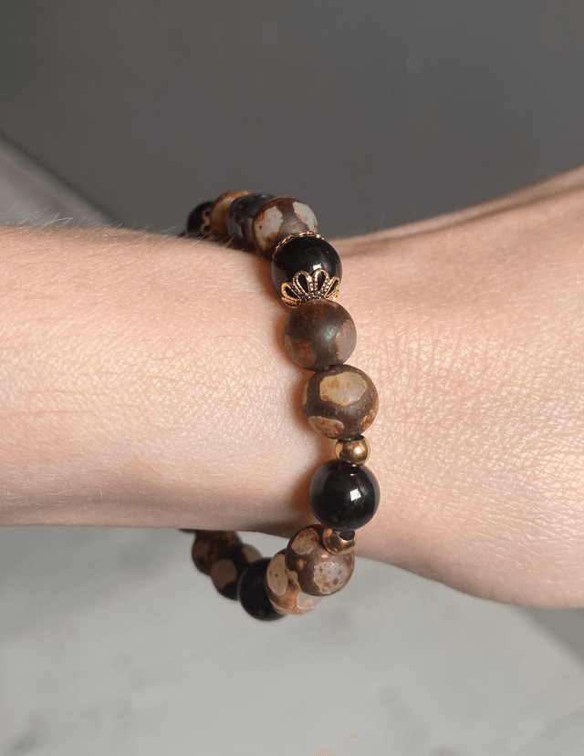 Bracelet Agate Tibétaine et Tourmaline Noire