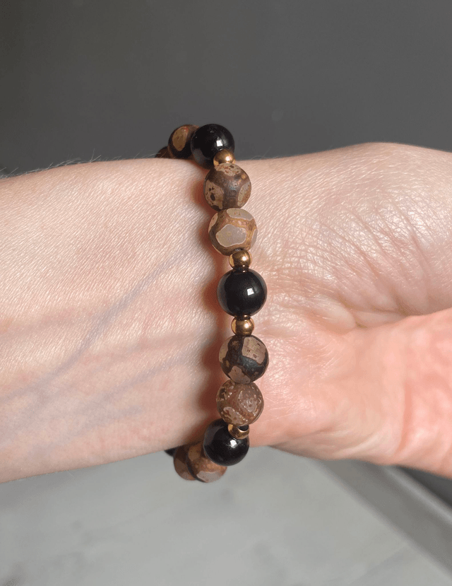 Bracelet Agate Tibétaine et Tourmaline Noire