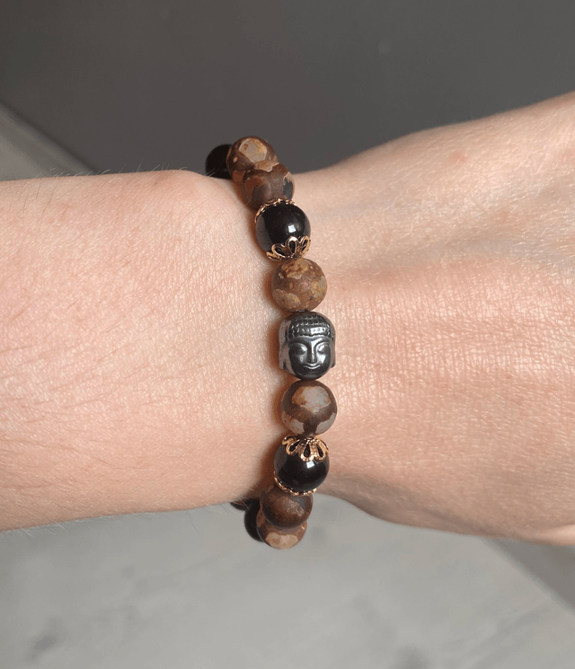 Bracelet Agate Tibétaine et Tourmaline Noire