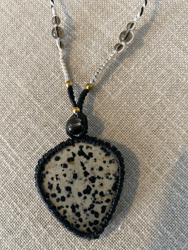 Collier sautoir Jaspe Dalmatien et Quartz Fumé