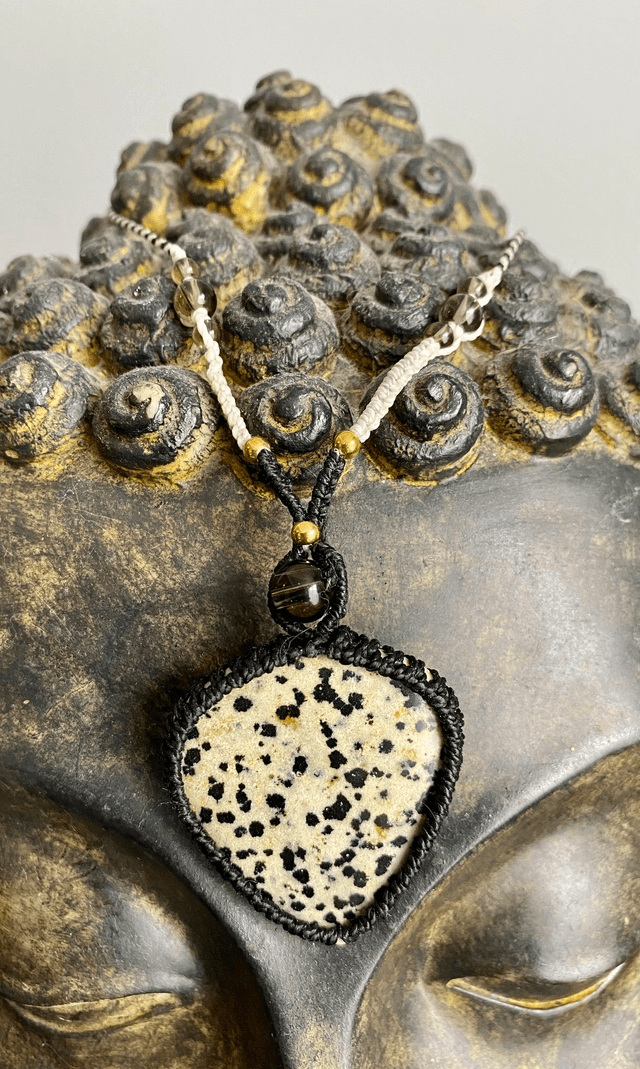Collier sautoir Jaspe Dalmatien et Quartz Fumé