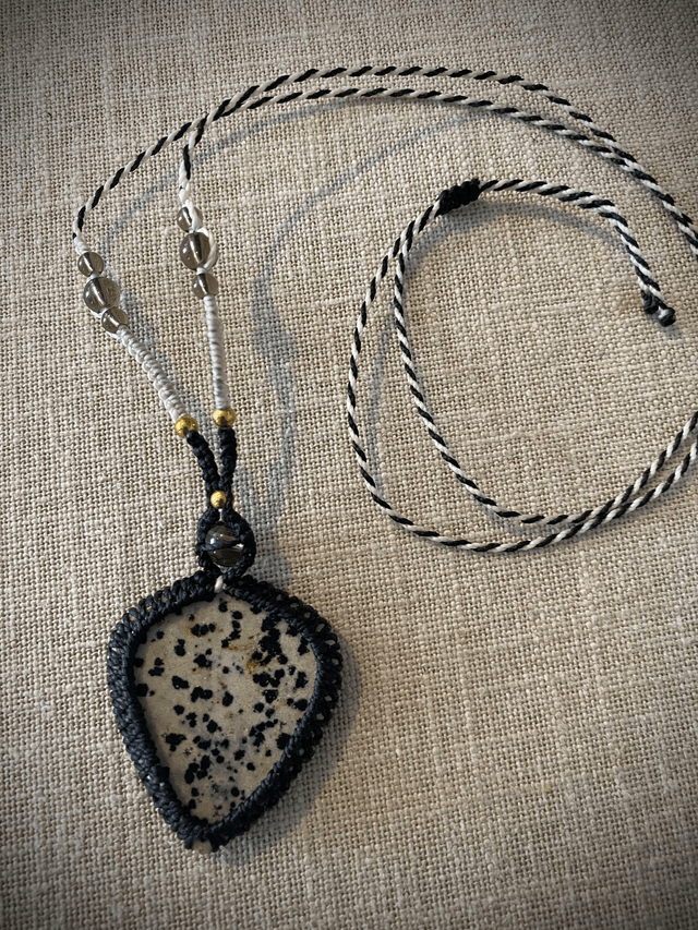 Collier sautoir Jaspe Dalmatien et Quartz Fumé