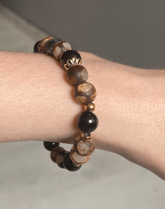 Bracelet Agate Tibétaine et Tourmaline Noire