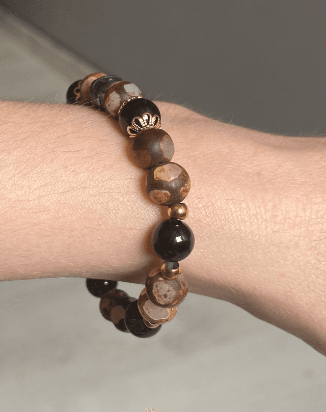 Bracelet Agate Tibétaine et Tourmaline Noire